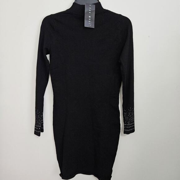 Say What? Sexy Rhinestone Embellished Bodycon LS Dress Black Small Stretch - Picture 5 of 9